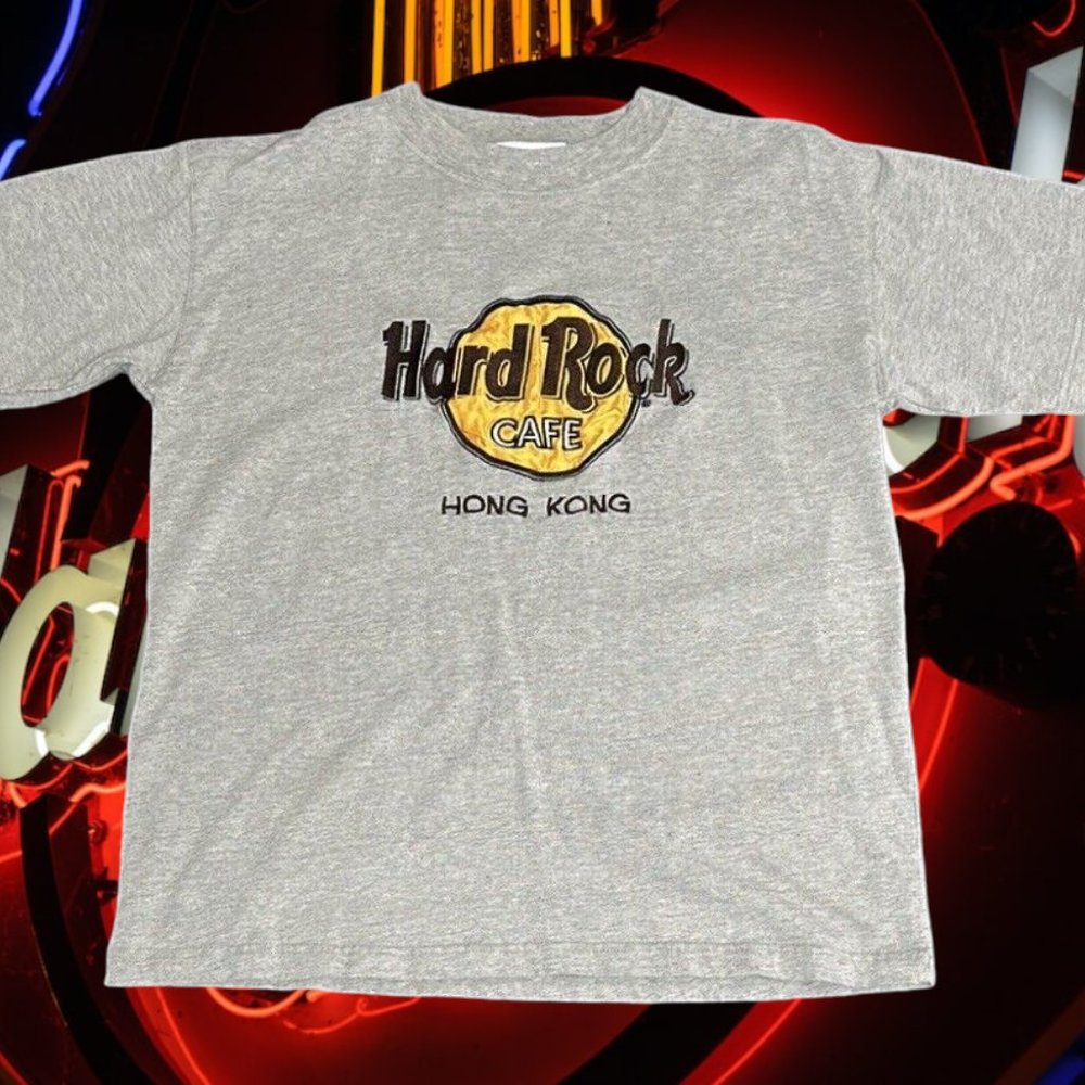 Vintage Hard Rock Cafe Hong Kong Gray-Yellow Embroidered Stitched T-Shirt Medium
